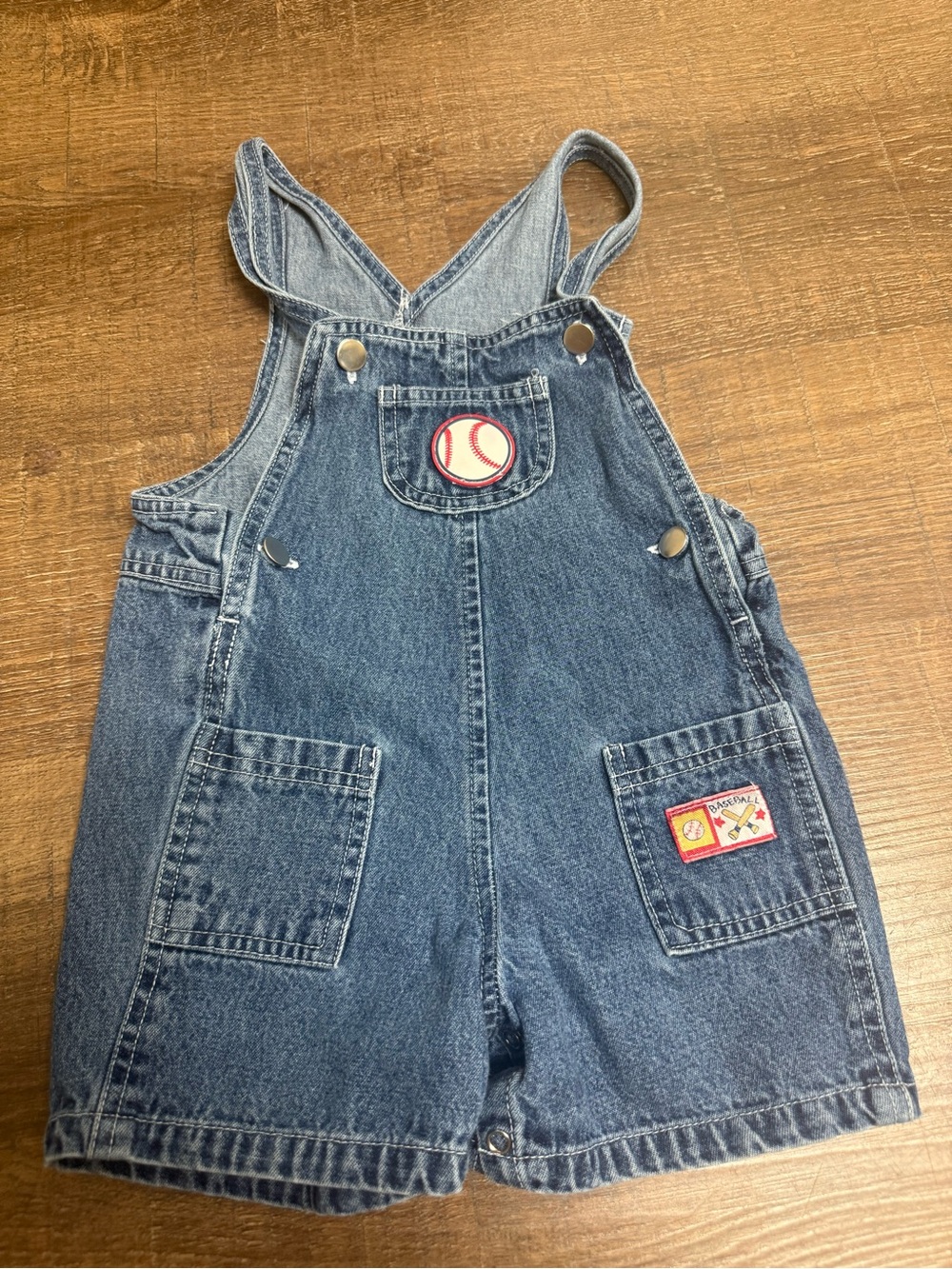 Vintage Falls Creek Blue Denim Short Overalls with Baseball Patch